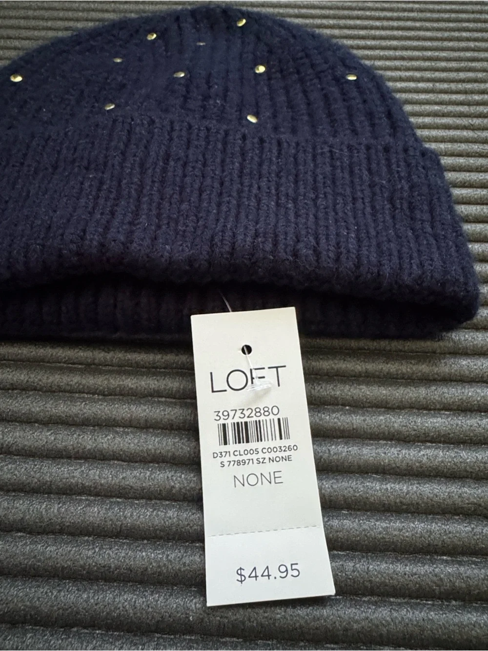 LOFT Navy Blue Studded Ribbed Knit Beanie NWT Gold Embellished Cuff Hat